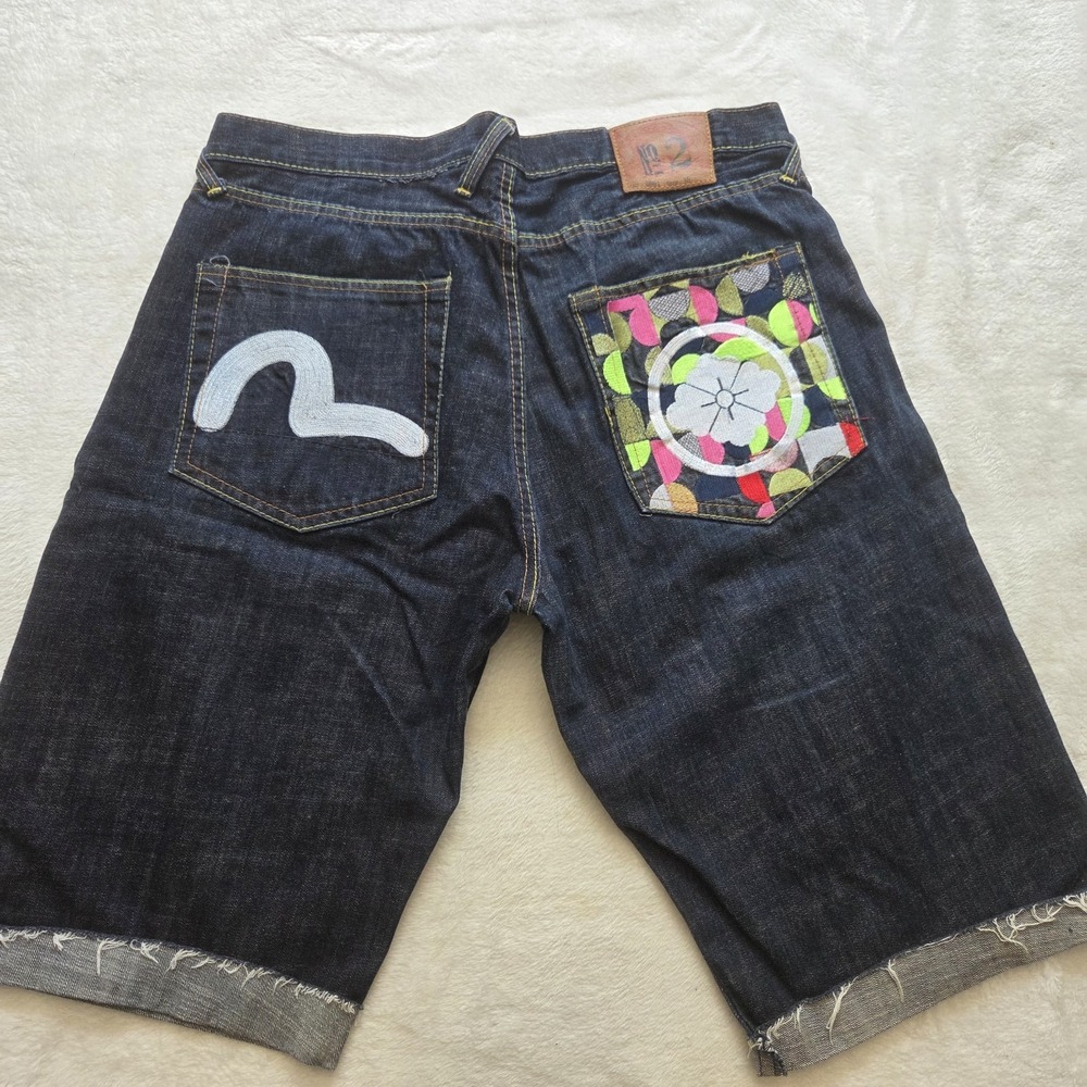 EVISU Jean Shorts 36 Embroidered  Patchwork Y2K Baggy Button Fly 100% cotton